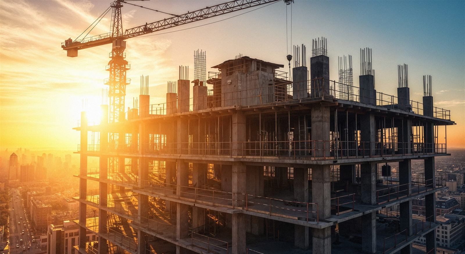 Reinforced concrete frame and rebar under construction with a tower crane