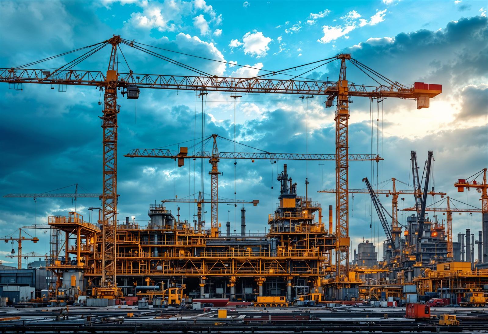 Heavy industrial civil construction site with tower cranes over a structural steel and concrete plant build