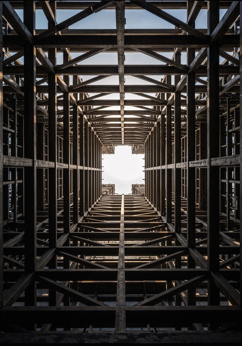 Structural steel frame of an industrial superstructure seen from below