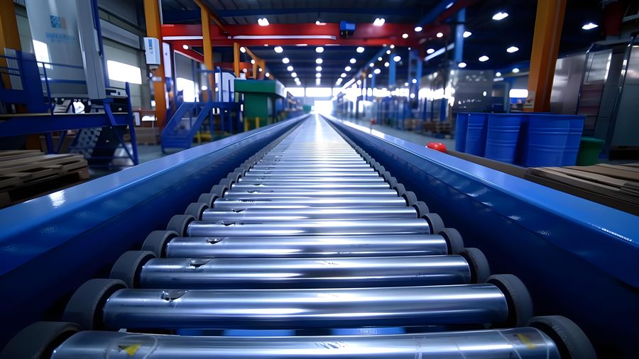 Roller conveyor and material feeding equipment on a factory floor