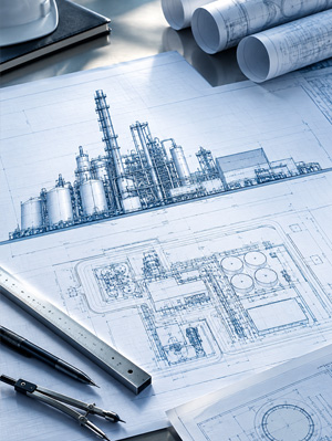 Blueprint drawings and technical plans on a drafting table