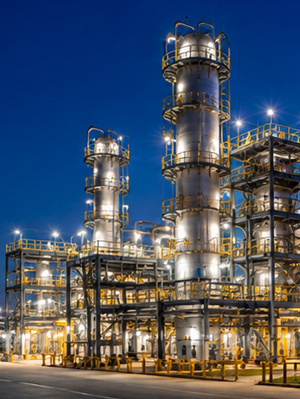 Completed industrial plant lit up at night
